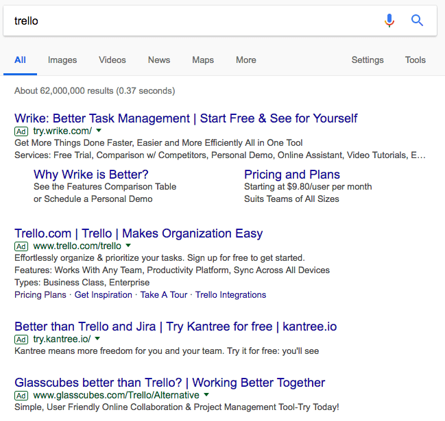 مثالی از تبلیغات گوگل ادز با نام رقبا